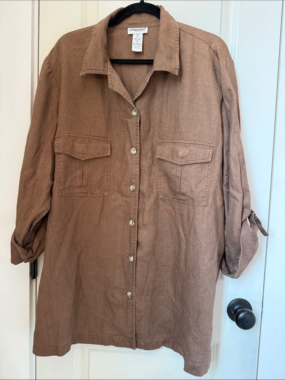 100% Linen Plus -Sized Brown Long-Sleeve Button-Front Shirt Jacket